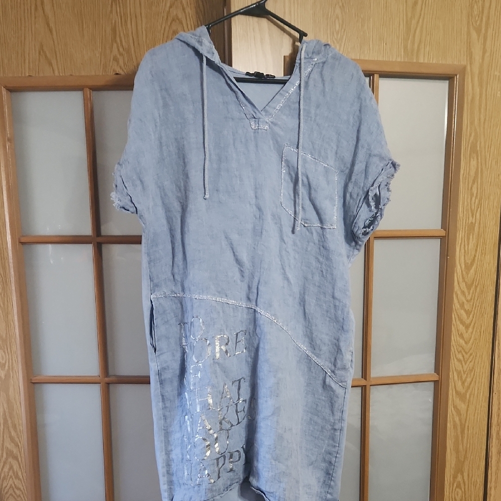 CHARLIE B Do More Of What Makes You Happy Blue Linen Hooded Dress Size Medium